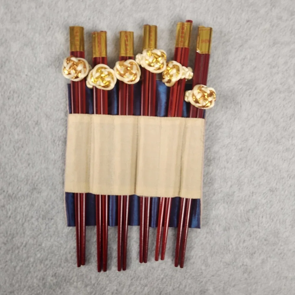 Vintage Chinese‎ Chopstick Set – 6 Pairs + 6 Silk Placemats in Wrap Pouch